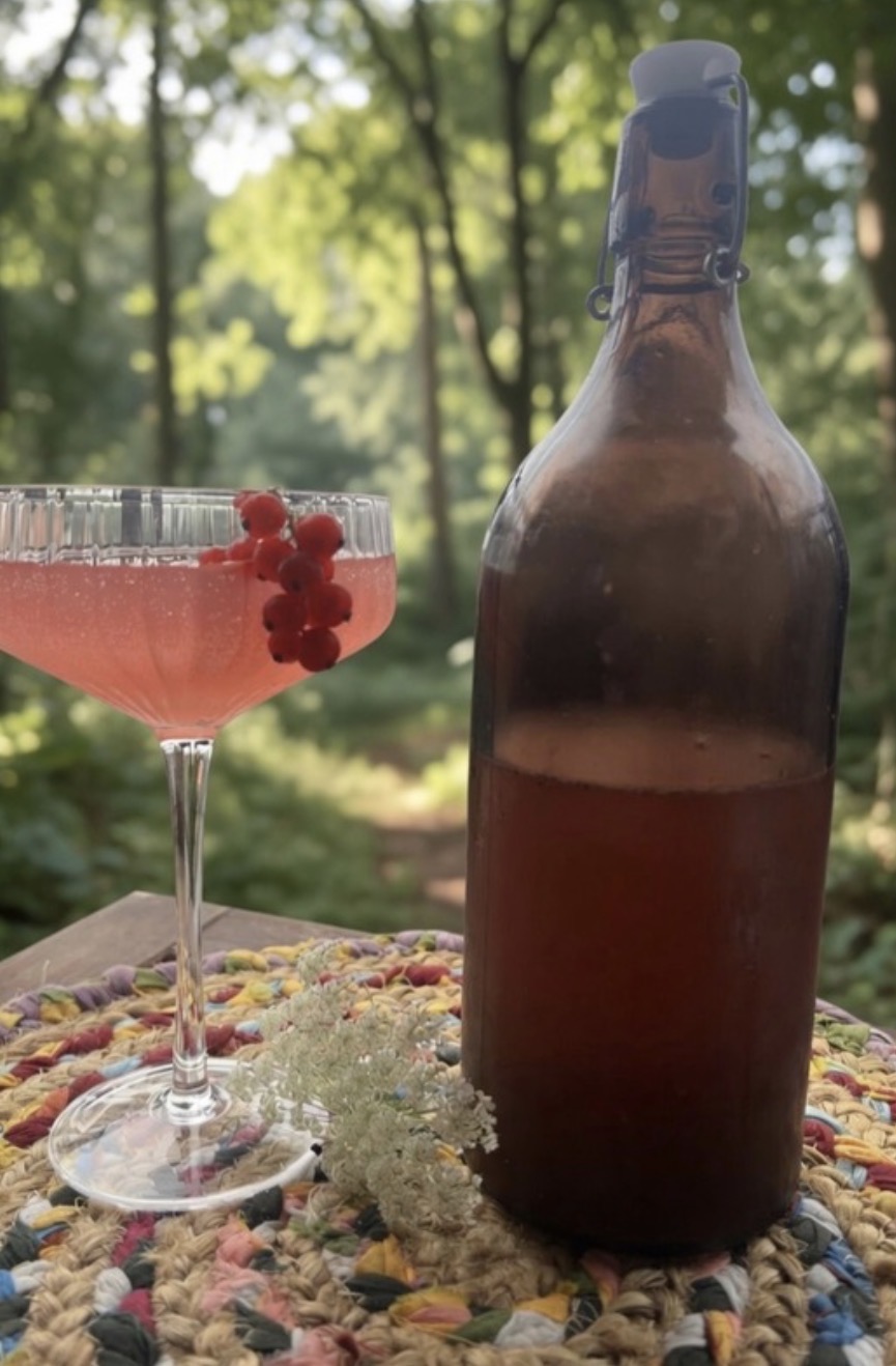Gotowa surica w butelce i kieliszek z porzeczkami